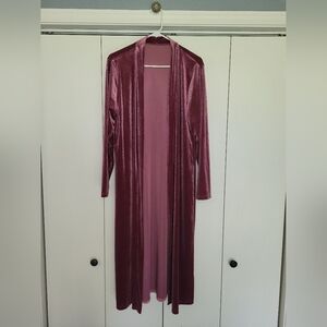 Source Unknown Velvet Long Open Front Duster Coat in Mauve